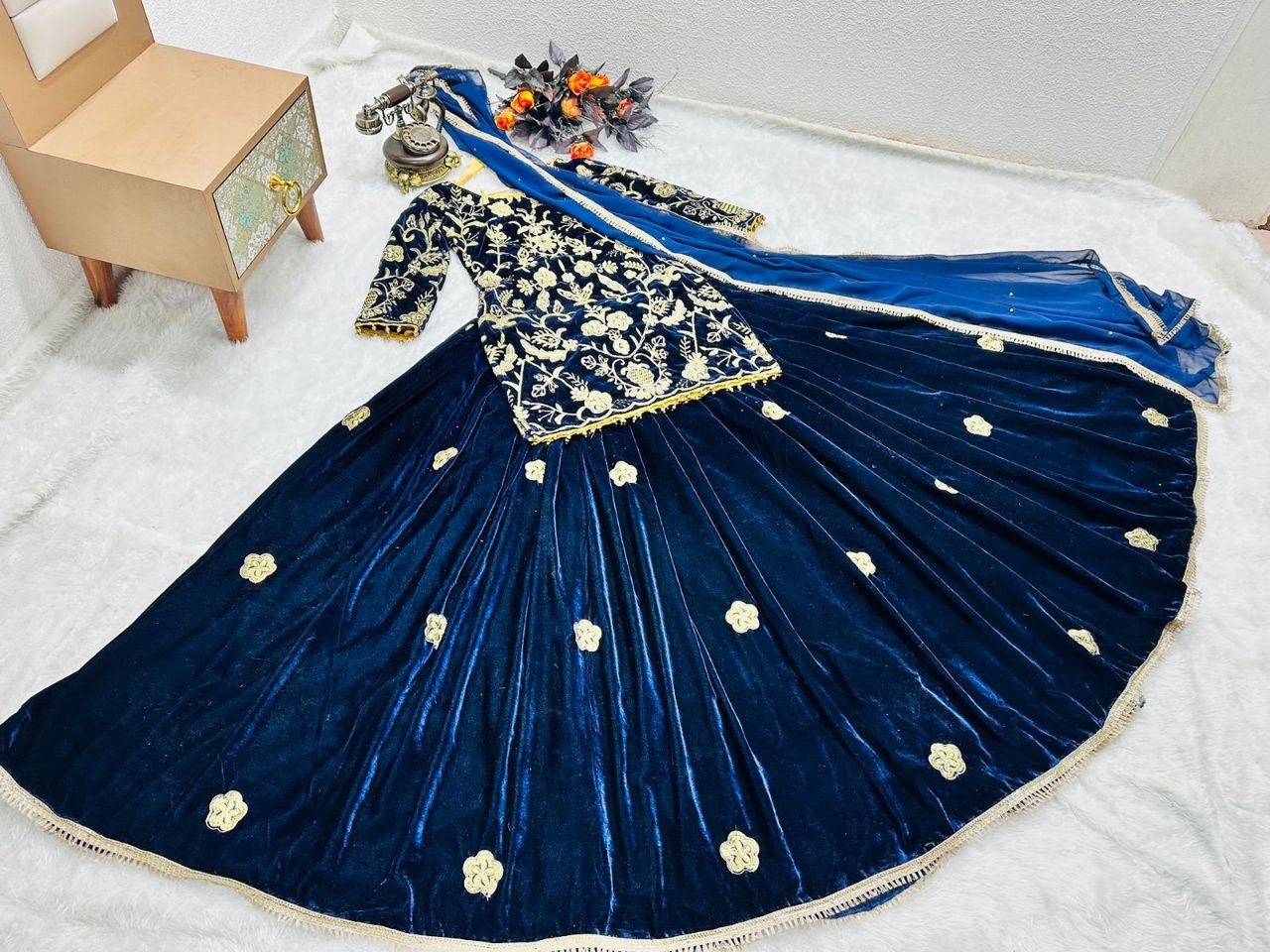 Blue Velvet Lehenga Choli with Embroidery Work Clothsvilla