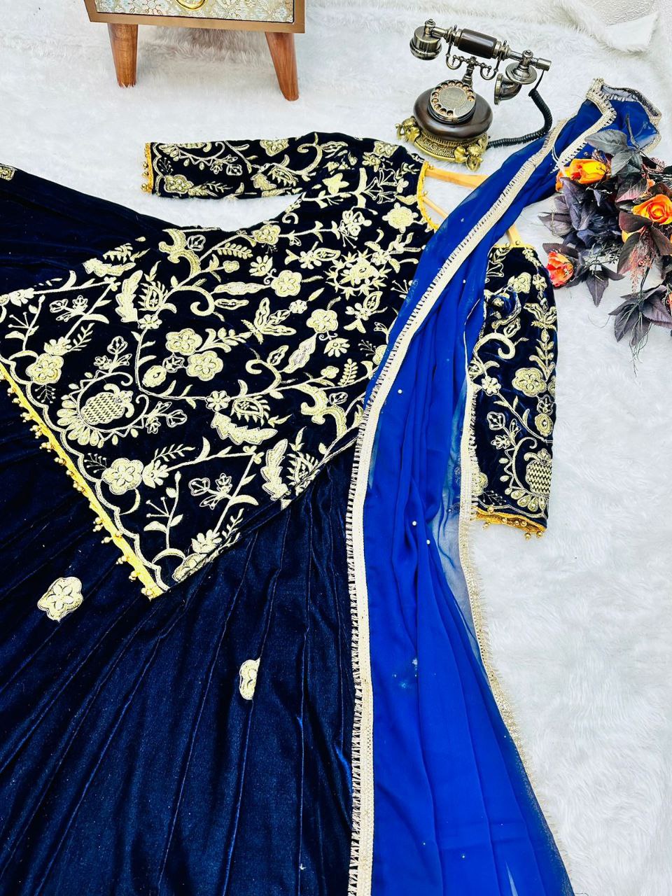 Blue Velvet Lehenga Choli with Embroidery Work Clothsvilla