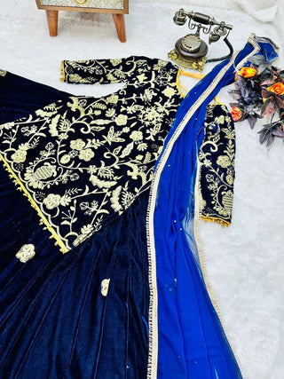 Blue Velvet Lehenga Choli with Embroidery Work Clothsvilla