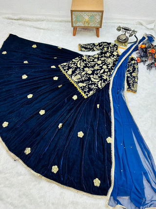 Blue Velvet Lehenga Choli with Embroidery Work Clothsvilla