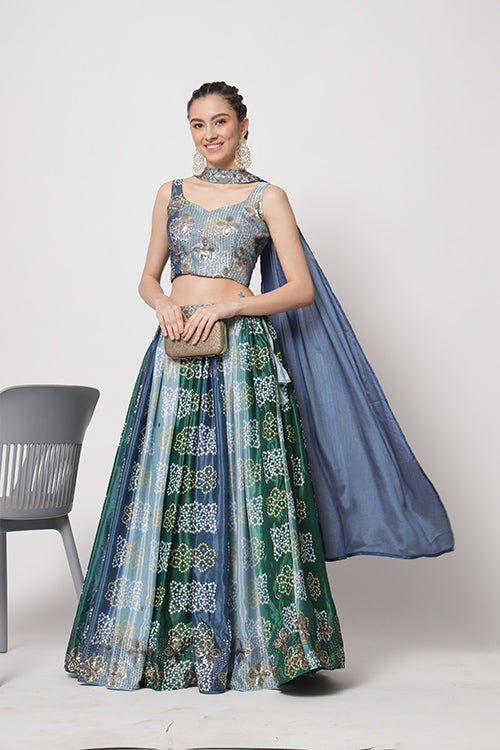 Blue Chinon Silk Print With Sequins Embroidered Work Lehenga Choli ClothsVilla.com