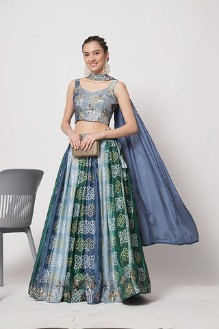 Blue Chinon Silk Print With Sequins Embroidered Work Lehenga Choli ClothsVilla.com