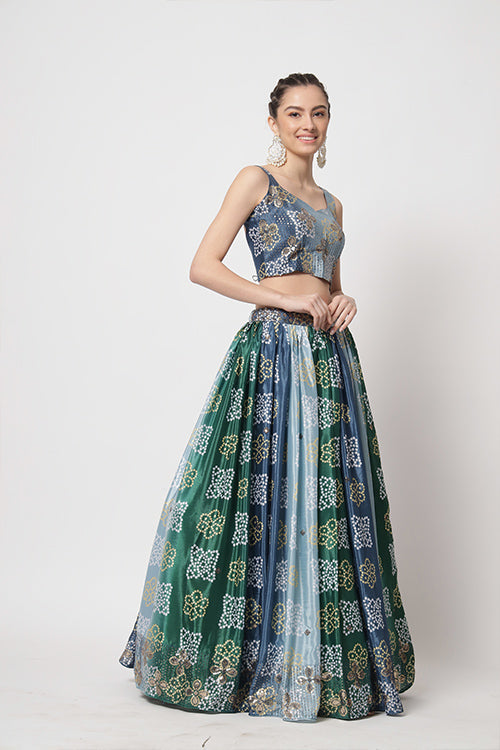 Blue Chinon Silk Print With Sequins Embroidered Work Lehenga Choli ClothsVilla.com