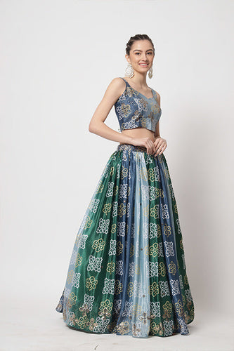 Blue Chinon Silk Print With Sequins Embroidered Work Lehenga Choli ClothsVilla.com