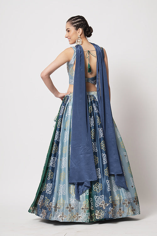 Blue Chinon Silk Print With Sequins Embroidered Work Lehenga Choli ClothsVilla.com