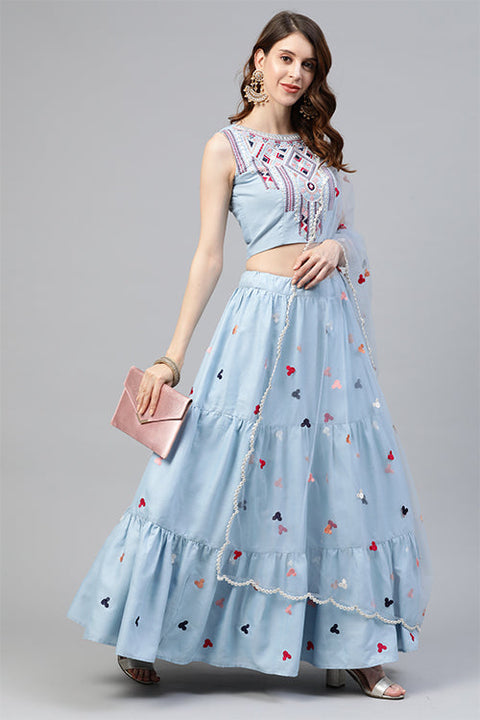 Sky Blue Cotton Multi Embroidered Work Lehenga Choli ClothsVilla.com Main image