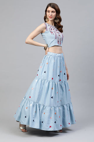 Sky Blue Cotton Multi Embroidered Work Lehenga Choli ClothsVilla.com