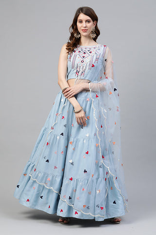 Sky Blue Cotton Multi Embroidered Work Lehenga Choli ClothsVilla.com