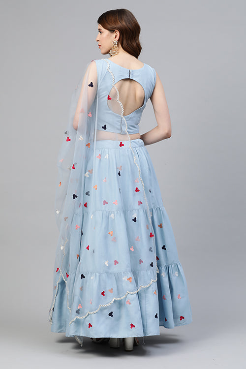 Sky Blue Cotton Multi Embroidered Work Lehenga Choli ClothsVilla.com