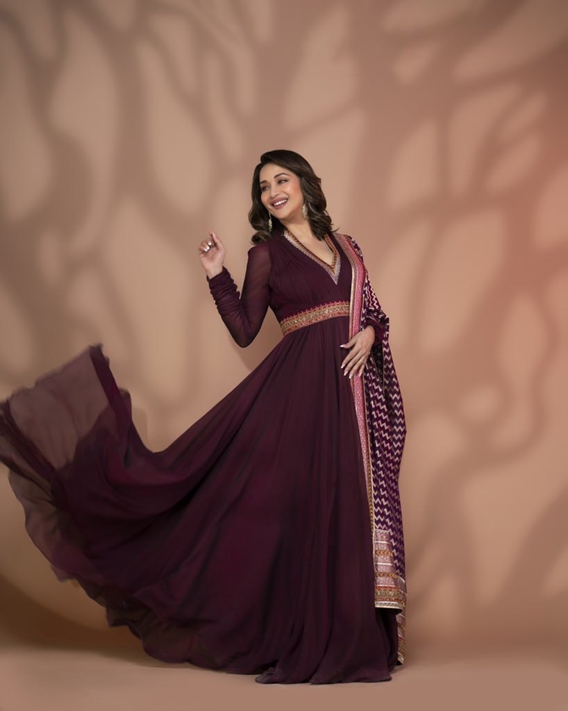 Bollywood Celebrity Wear Madhuri Dixit Maroon Color Gown Clothsvilla