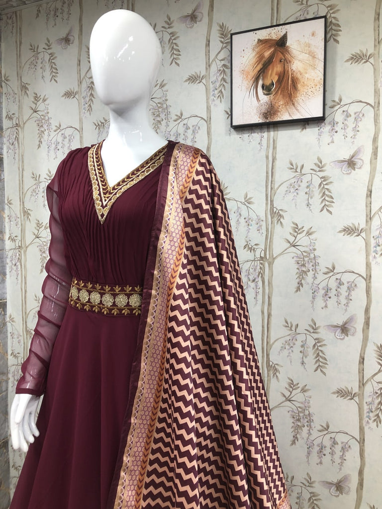 Bollywood Celebrity Wear Madhuri Dixit Maroon Color Gown Clothsvilla
