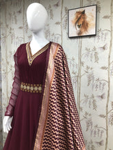 Load image into Gallery viewer, Bollywood Celebrity Wear Madhuri Dixit Maroon Color Gown Clothsvilla