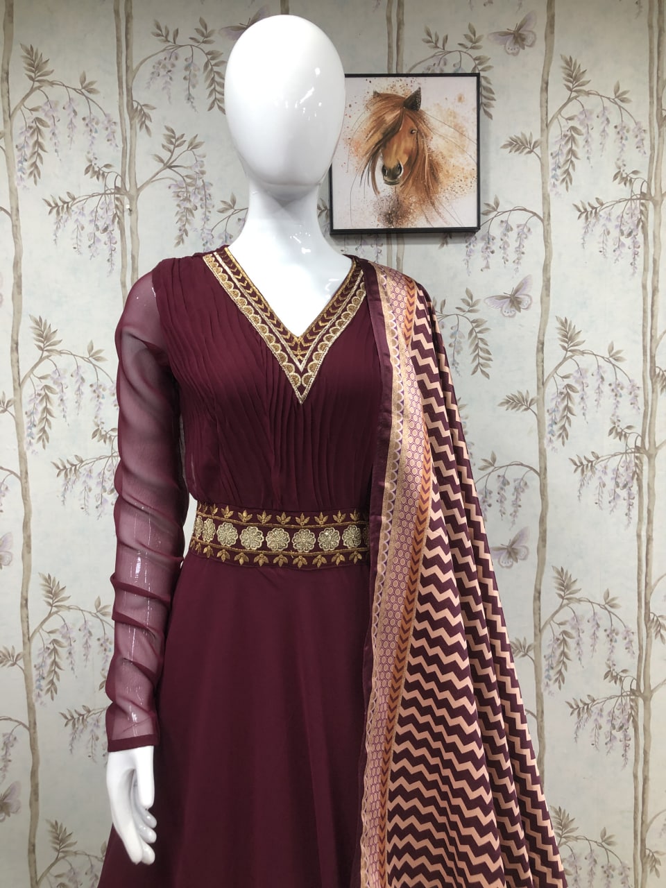 Bollywood Celebrity Wear Madhuri Dixit Maroon Color Gown Clothsvilla