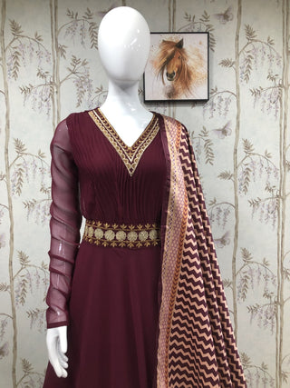 Bollywood Celebrity Wear Madhuri Dixit Maroon Color Gown Clothsvilla