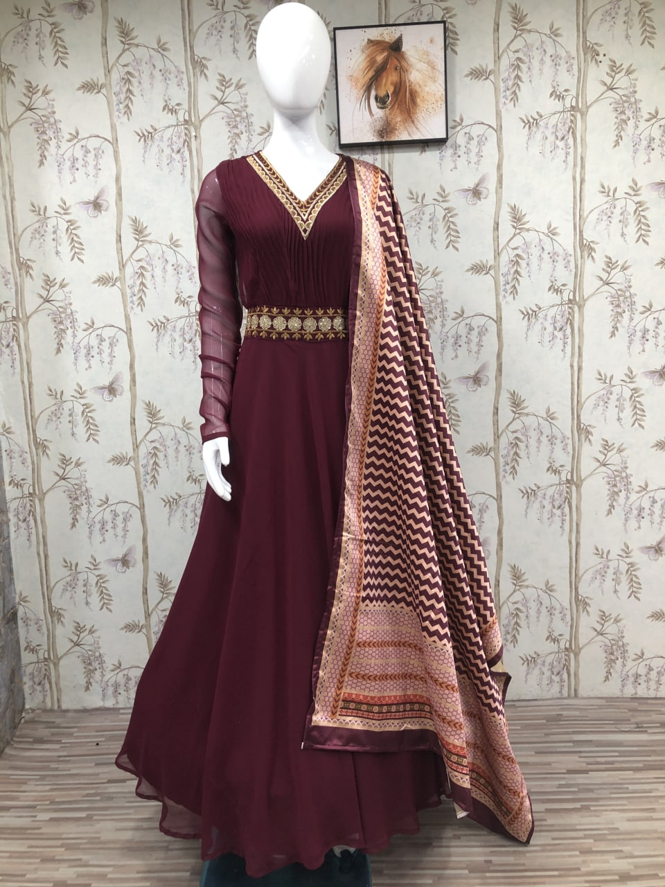 Sangeet Wear Embroidered Maroon Color Floor Length Anarkali Dress In Net  Fabric