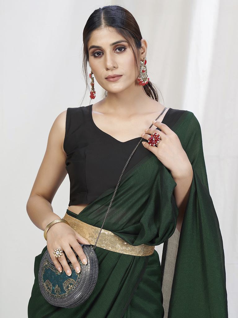 Bottle Green Ready to Wear One Minute Lycra Saree ClothsVilla