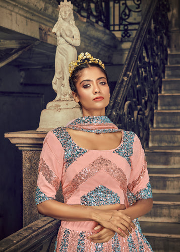 Bridal Peach Lehenga With Heavy Multi Thread Sequins Embroidery Work And 2 Layer Inner And Can-Can Lehenga For Indian Wedding And Party Wear ClothsVilla