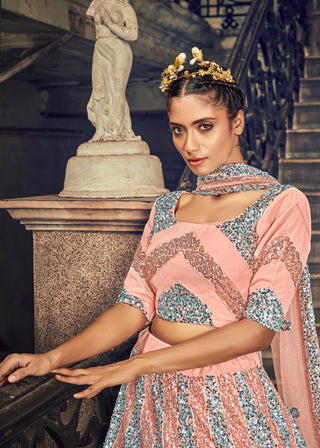 Bridal Peach Lehenga With Heavy Multi Thread Sequins Embroidery Work And 2 Layer Inner And Can-Can Lehenga For Indian Wedding And Party Wear ClothsVilla