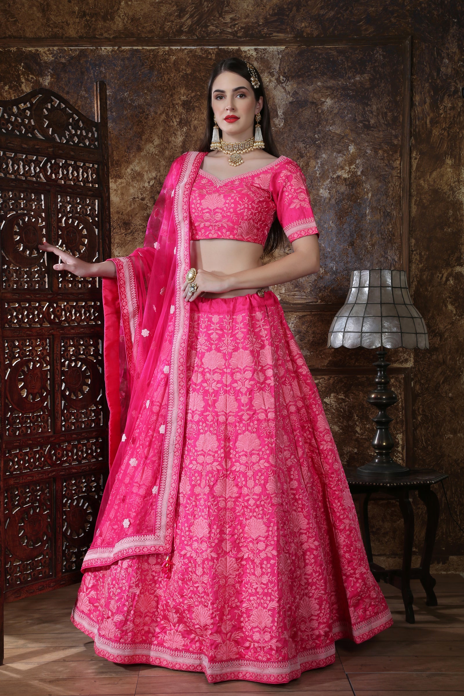 Bright Pink Silk Thread and Sequence Embroidered Lehenga Choli ClothsVilla