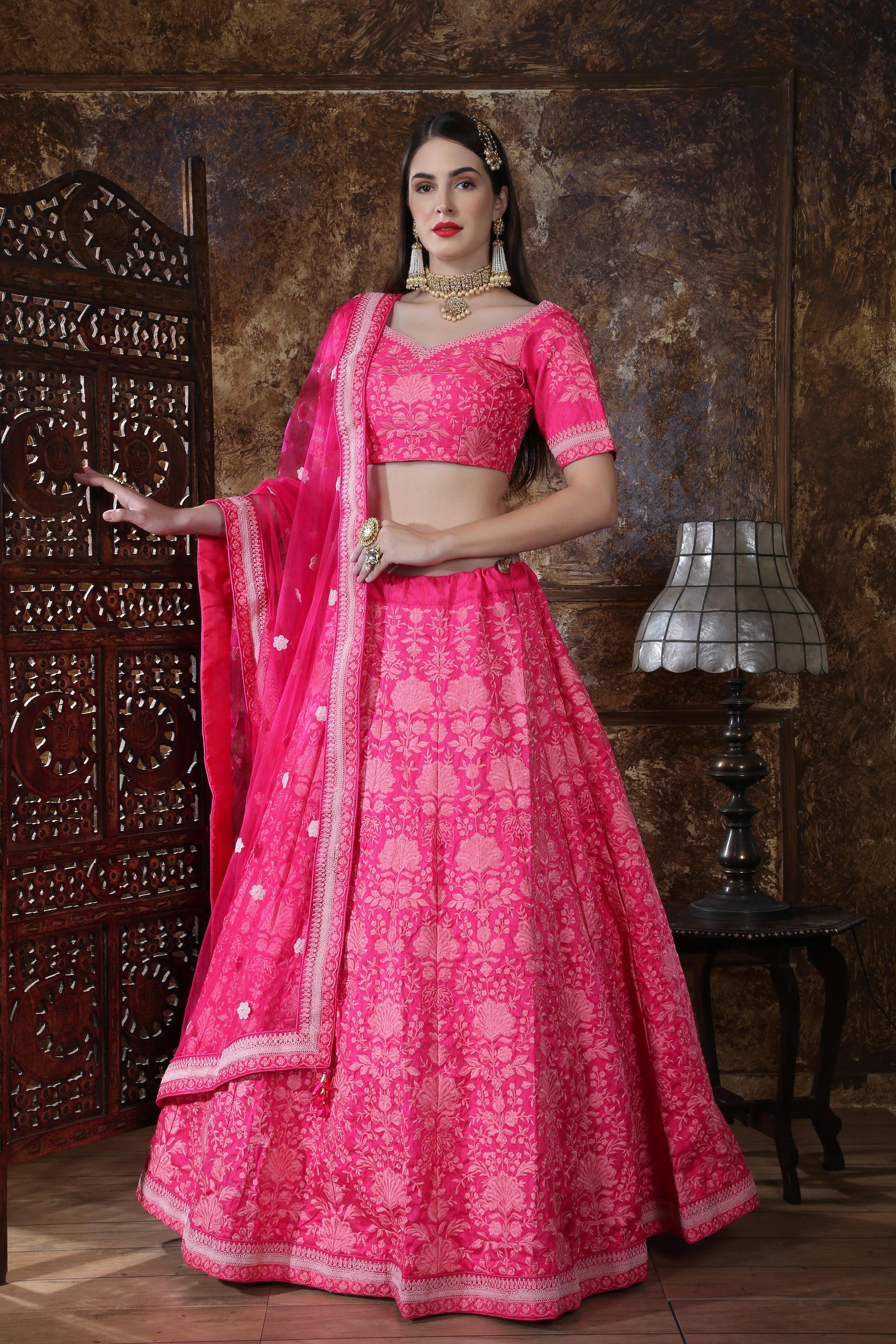 Bright Pink Silk Thread and Sequence Embroidered Lehenga Choli ClothsVilla