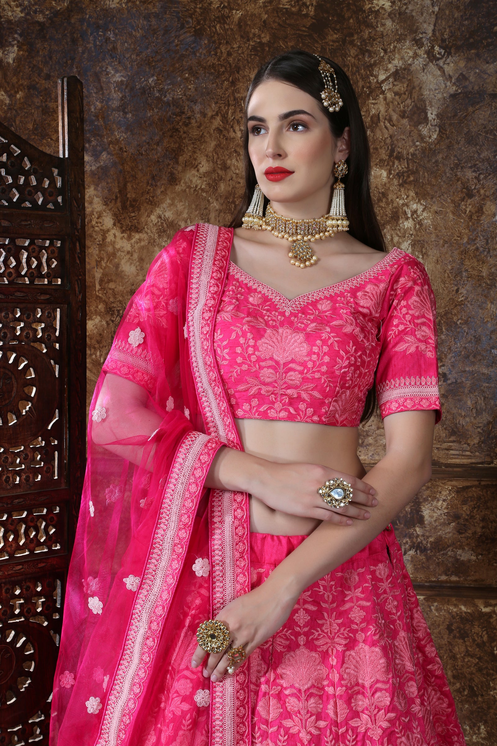 Bright Pink Silk Thread and Sequence Embroidered Lehenga Choli ClothsVilla