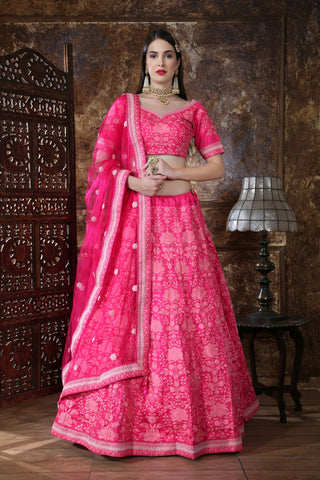Bright Pink Silk Thread and Sequence Embroidered Lehenga Choli ClothsVilla