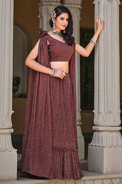 Brown Color Foil Work Lehenga Choli with Stylish attached Dupatta ClothsVilla.com