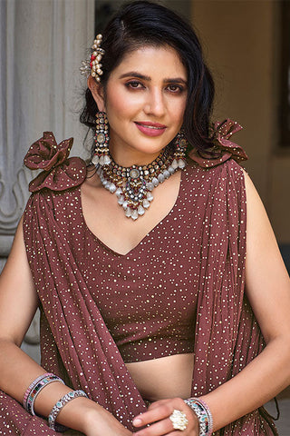 Brown Color Foil Work Lehenga Choli with Stylish attached Dupatta ClothsVilla.com
