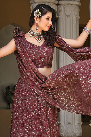 Brown Color Foil Work Lehenga Choli with Stylish attached Dupatta ClothsVilla.com