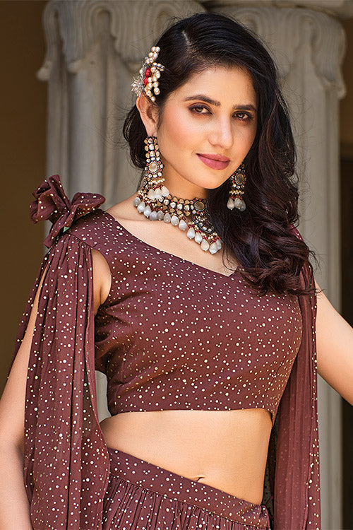 Brown Color Foil Work Lehenga Choli with Stylish attached Dupatta ClothsVilla.com