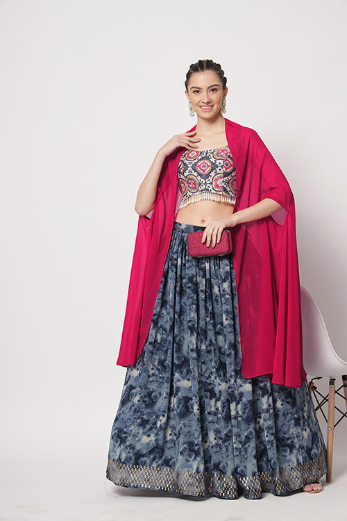 Buy now Online Indian Ethnic Wear Navy Blue Printed Lehenga Choli Collection ClothsVilla.com