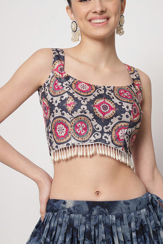 Buy now Online Indian Ethnic Wear Navy Blue Printed Lehenga Choli Collection ClothsVilla.com