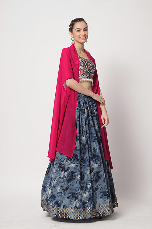 Buy now Online Indian Ethnic Wear Navy Blue Printed Lehenga Choli Collection ClothsVilla.com