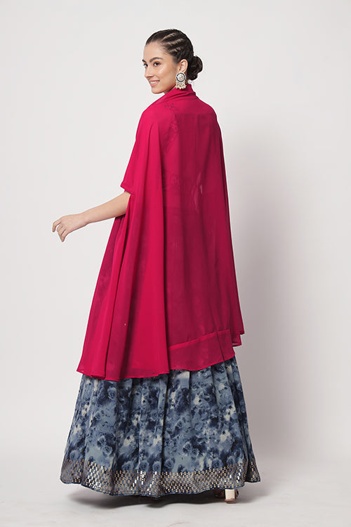 Fuchsia Printed & Embroidered Lehenga Set With Cape Design by Ridhi Mehra  at Pernia's Pop Up Shop 2024
