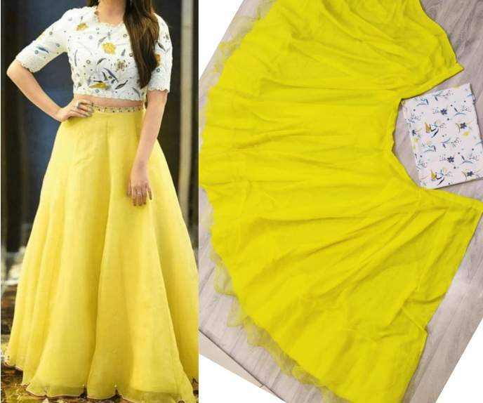 Lehenga Choli in Lemon Yellow Color with Organza Silk and Blouse ClothsVilla