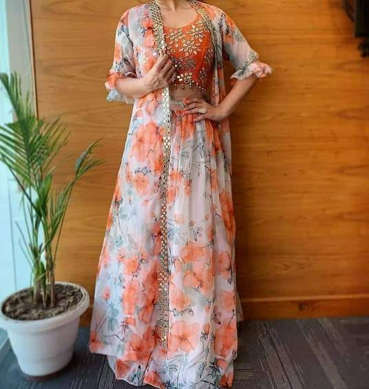 Lehenga Choli Indo Western in Organza Silk with Digitally Printed ClothsVilla