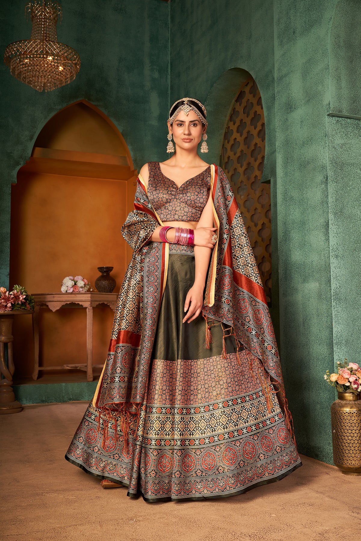 Captivating Green Digital Printed Silk Reception Wear Lehenga Choli ClothsVilla Main image