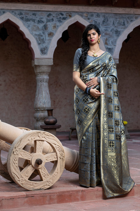 Captivating Grey Colored Festive Wear Woven Banarasi Silk Saree ClothsVilla Main image