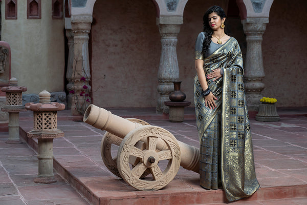 Captivating Grey Colored Festive Wear Woven Banarasi Silk Saree ClothsVilla