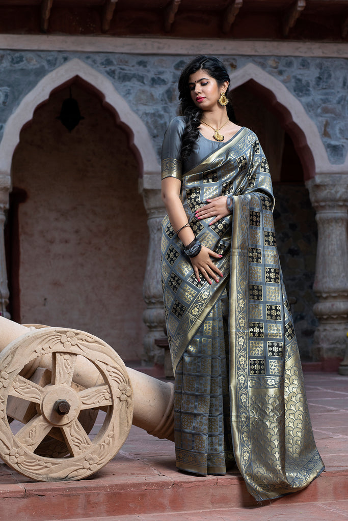Captivating Grey Colored Festive Wear Woven Banarasi Silk Saree ClothsVilla