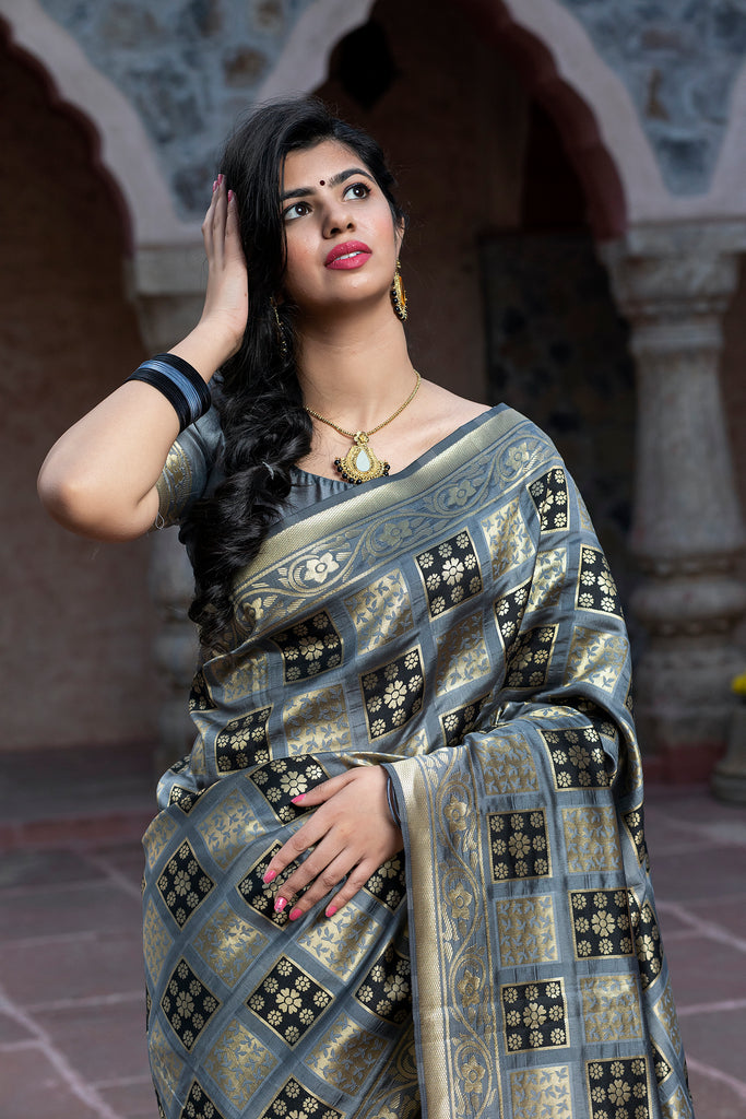 Captivating Grey Colored Festive Wear Woven Banarasi Silk Saree ClothsVilla