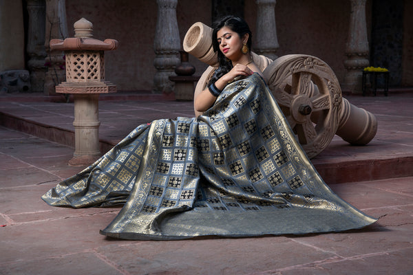 Captivating Grey Colored Festive Wear Woven Banarasi Silk Saree ClothsVilla
