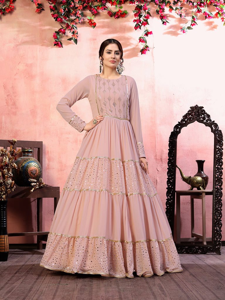 Casual Wear Dusty Pink Santoon Flared Gown With Fancy Sequins ClothsVilla