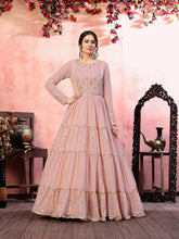 Load image into Gallery viewer, Casual Wear Dusty Pink Santoon Flared Gown With Fancy Sequins ClothsVilla