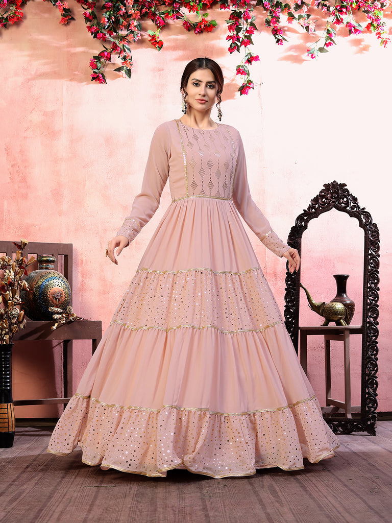 Casual Wear Dusty Pink Santoon Flared Gown With Fancy Sequins ClothsVilla