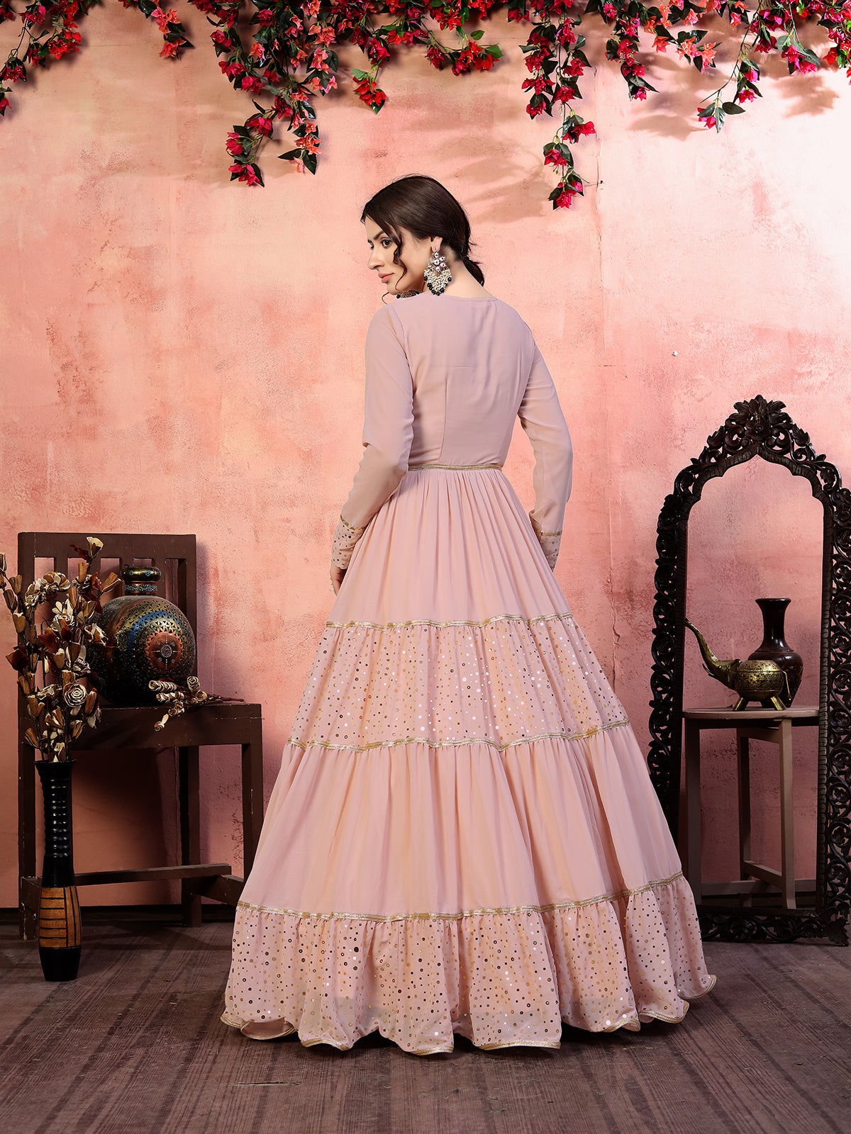 Casual Wear Dusty Pink Santoon Flared Gown With Fancy Sequins ClothsVilla
