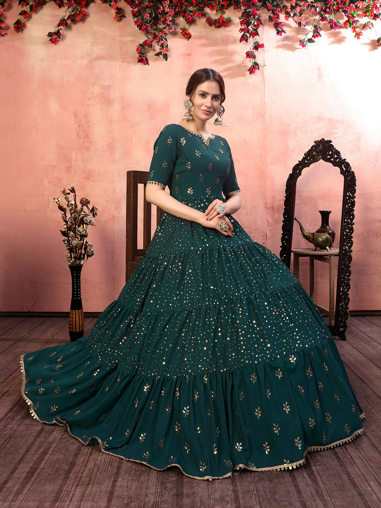 Casual Wear Green Georgette Gown With Fancy Sequins ClothsVilla