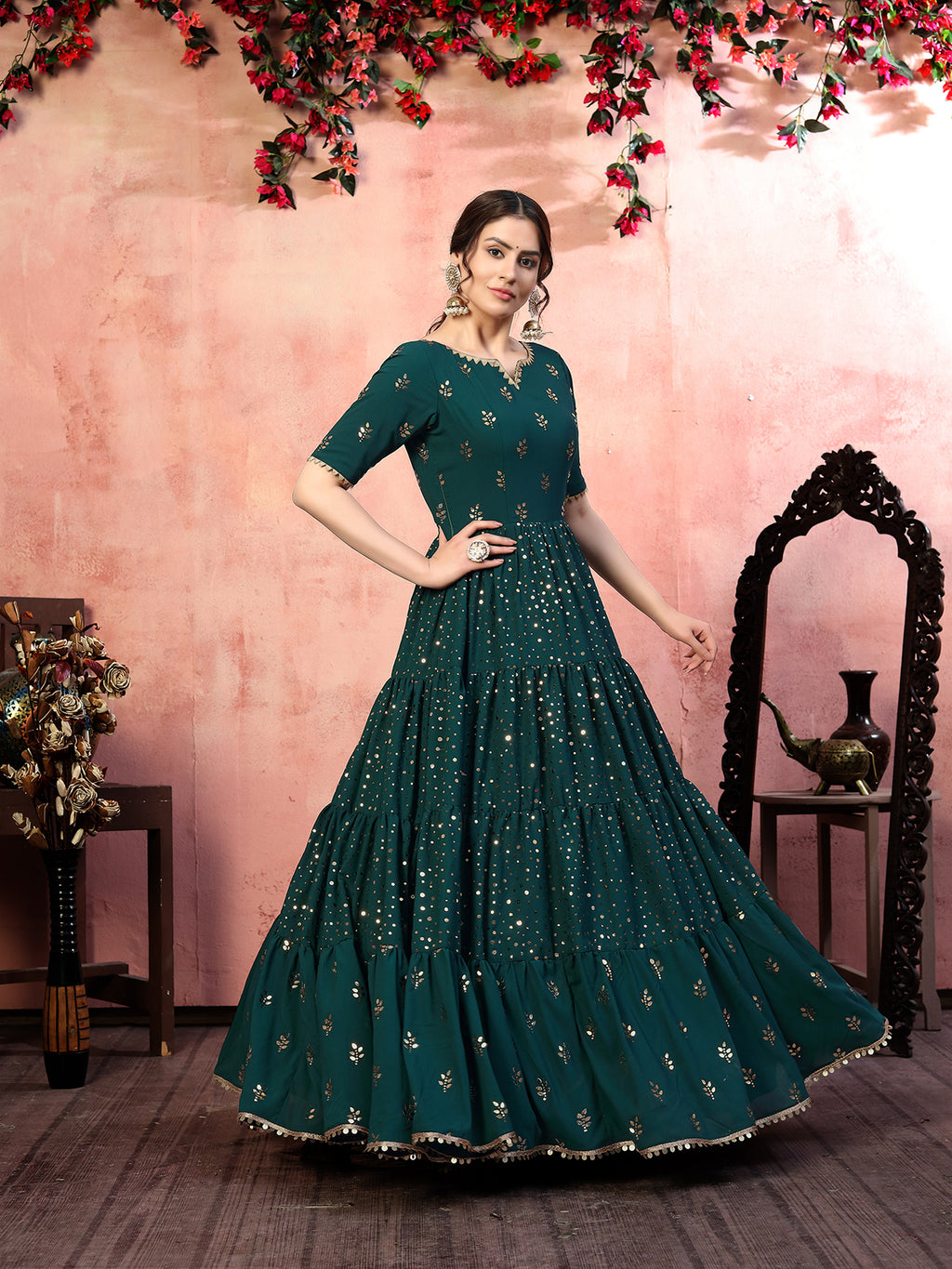 Casual Wear Green Georgette Gown With Fancy Sequins ClothsVilla