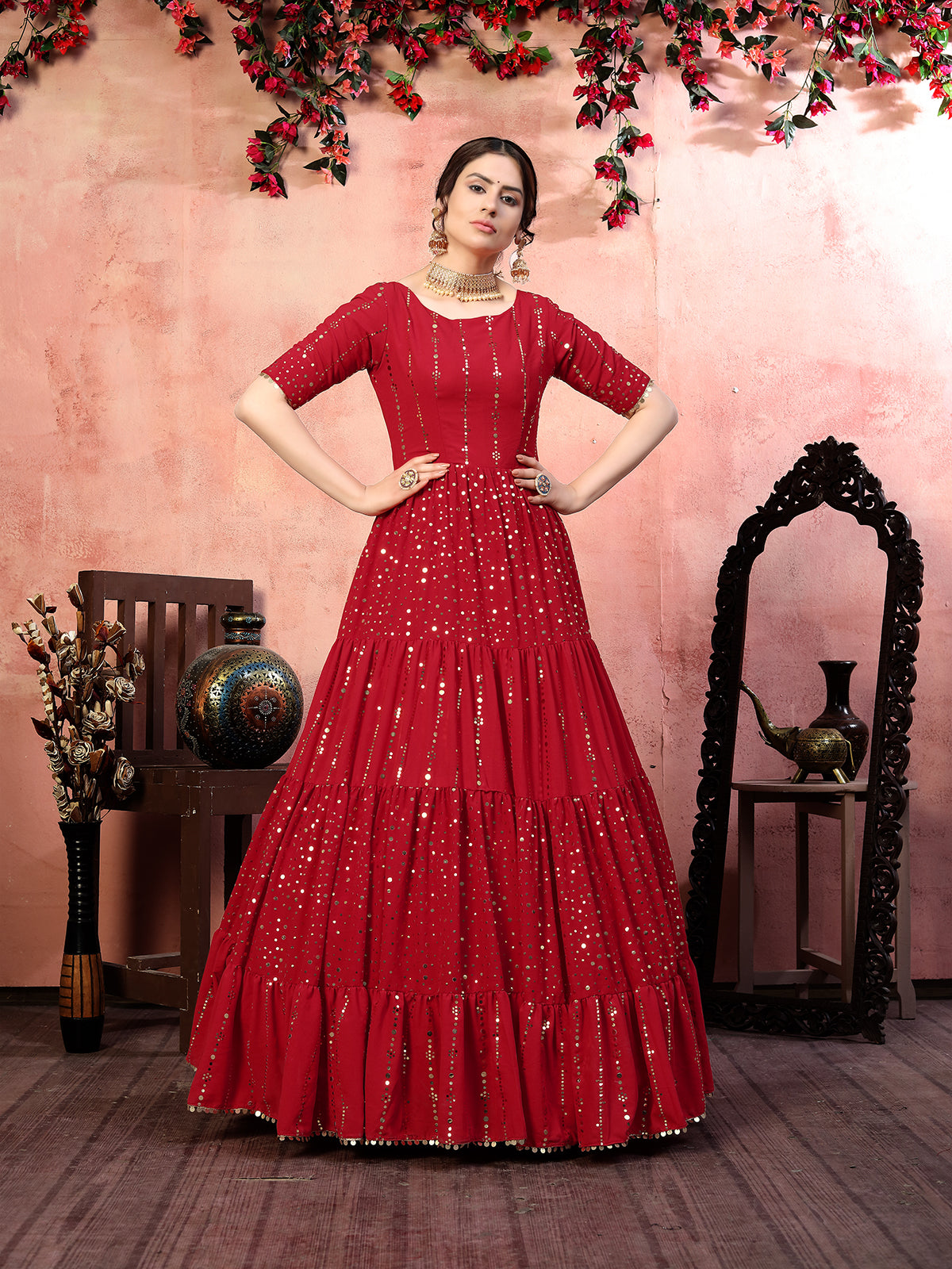 Casual Wear Red Santoon Gown With Fancy Sequins ClothsVilla