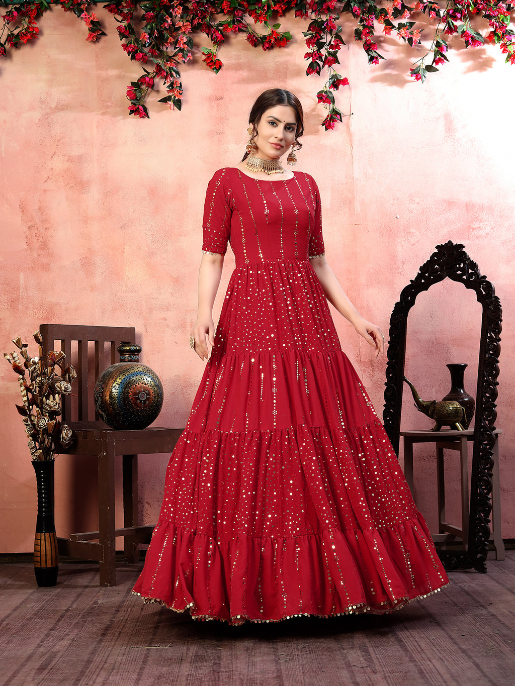 Casual Wear Red Santoon Gown With Fancy Sequins ClothsVilla